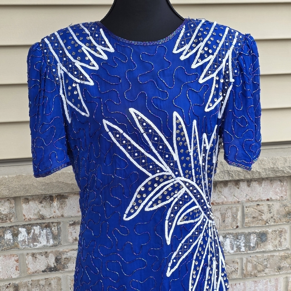 Vintage SWEELO Silk Beaded Blue Cocktail Dress 80s Art Deco Sheath M - Picture 2 of 16